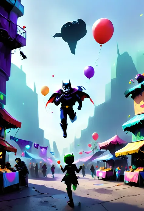 create a vibrant, detailed image of batman and the joker having fun together at a lively festival in gotham city. the scene must...