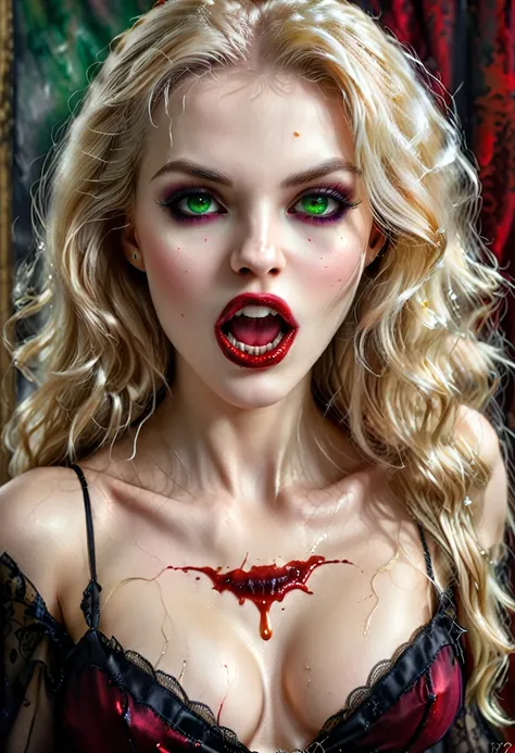 ((a photorealistic portrait of an exquisite, glamour female vampire: 1.5)) , pale face, blond hair, long vibrant shiny hair, glamorous hair, emerald green eyes, deep penetrating eyes, red lips, lustful lips, ((two vampiric fangs: 1.5), drops of blood dripp...