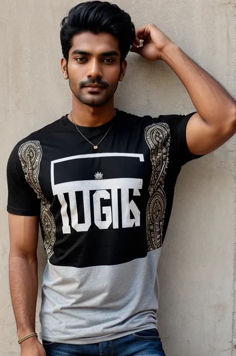 Indian men wearing black vintage t shirt with big print on the front