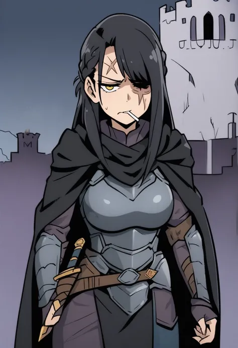 {{full body}} {{Artist: fan_no_hitori)}} 1woman, mature woman, french braid, long hair, tall, black hair, golden eyes, looking tired, scar over left eye, black cloak, cape, black cape, looking down at viewer, smoking, dagger at hip, dagger, castle backgrou...