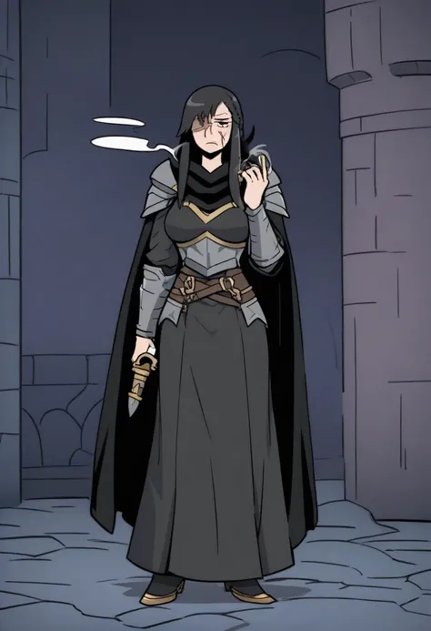 {{full body}} {{Artist: fan_no_hitori)}} 1woman, mature woman, french braid, long hair, tall, black hair, golden eyes, looking tired, scar over left eye, black cloak, cape, black cape, looking down at viewer, smoking, dagger at hip, dagger, castle backgrou...