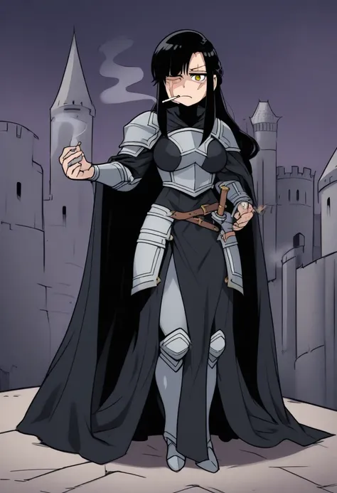 {{full body}} {{Artist: fan_no_hitori)}} 1woman, mature woman, french braid, long hair, tall, black hair, golden eyes, looking tired, scar over left eye, black cloak, cape, black cape, looking down at viewer, smoking, dagger at hip, dagger, castle backgrou...