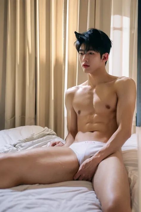 (best quality:1.4), (ultra highres:1.2), (photorealistic:1.4), (8k, RAW photo:1.2), Realistic handsome Japanese guy, muscle, fit, 18 years old, Spread your legs, shirtless, topless, wear cat ears, wear jockstrap underwear, white underwear, bedroom,