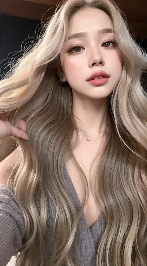 girl with long blonde hair with waves and gray eyes , big lips pink cheeks very beautiful realistic version of spectacular body latin face Whole body 