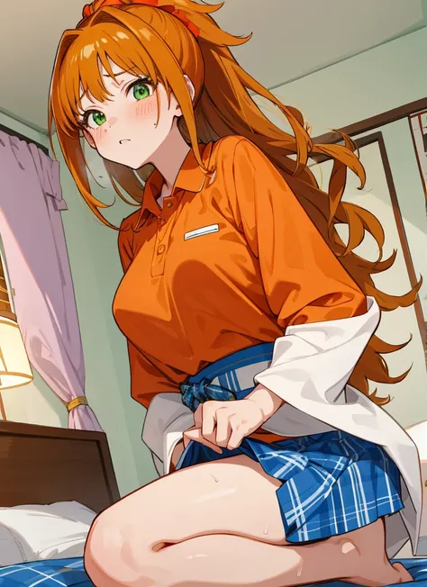 masterpiece, best quality, ultra-detailed, illustration, hino_akane_(idolmaster), 1girl, solo, long hair, high ponytail, orange hair, green eyes, , japanese, teen,  red shirt, polo shirt, long sleeves, sleeves rolled up, blue skirt, plaid skirt,my room,((n...