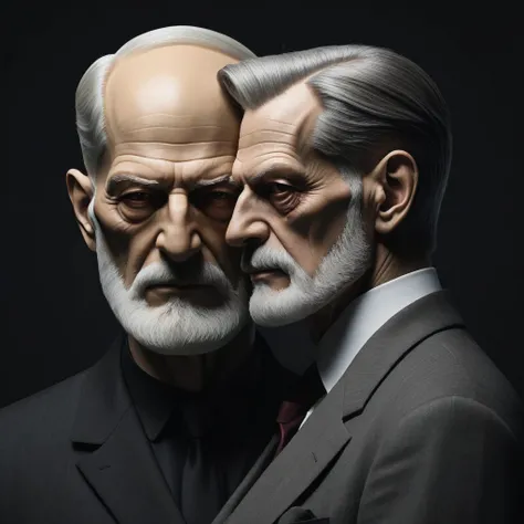 Futuristic minimalist singularity, simple dark background, duality, humano Sigmund Freud.