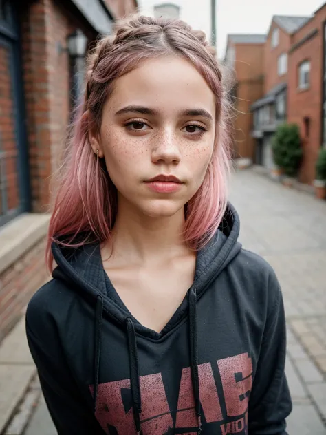 beautiful college girl, wearing hoodie, looking at viewer, pink hair, solo, tattoo on face, upper body, detailed background, town, alley, looking at viewer, portrait, (textured skin, skin pores:1.2), (moles:0.8), (imperfect skin:1.1), intricate details, go...