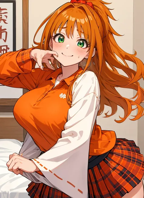 masterpiece, best quality, ultra-detailed, illustration, hino_akane_(idolmaster), 1girl, solo, long hair, high ponytail, orange hair, green eyes, , japanese, teen,  red shirt, polo shirt, long sleeves, sleeves rolled up, blue skirt, plaid skirt,my room,((n...