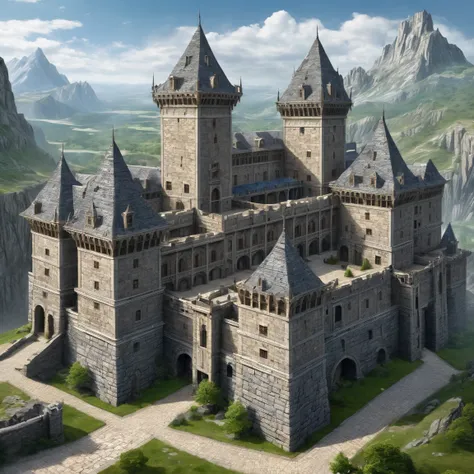 (best quality)), ((masterpiece)), ((realistic,digital art)), (super detailed), gigantic gneiss barracks, (large rectangular fortified building with high walls), (gigantic square crenellated towers), (medieval fantasy style),