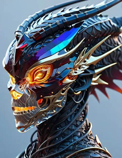 Complex 3d rendering ultra-detailed dragon scale head , biomechanical robot, simulated 150mm shot, beautiful natural soft edge light, crystal , roots, delicate lace, colorful details, intricate details, mesh threads, mandelbro fractals, body muscles, cable...