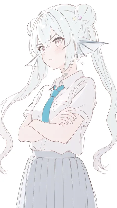 1girl,20 years old,solo,long hair,white hair,finana,twintails,double bun,((white shirt,short sleeves,standart tie,skirt)),(white background,sketch), angry, blush, crossed arms, looking at view