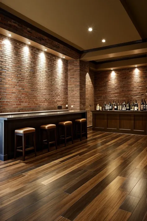 A hotel bar with walls painted a matte color, and a brick decoration, the floor will be hardwood 