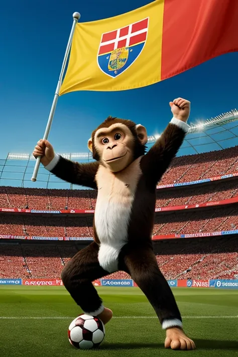 Can you create a publication of a soccer match advertisement that is held by a monkey?, with a flag that says:  Eurocup and Copa América 