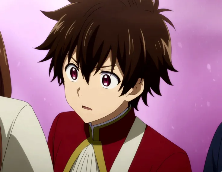 Adam is a sweet and funny . Adam has brown hair and wears red clothes. (anime, cartoon)