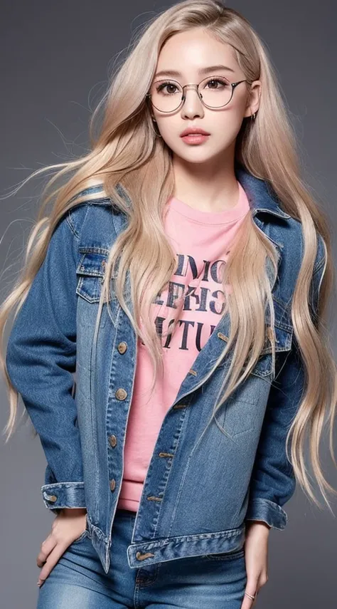 girl with long blonde hair with waves and gray eyes , big lips pink cheeks very beautiful realistic version of spectacular body latin face Whole body  Perfect face 22 years old with hip jeans and a short black shirt and a gray jacket with glasses on his he...