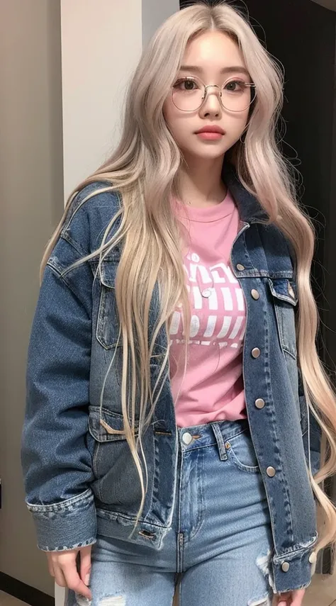 girl with long blonde hair with waves and gray eyes , big lips pink cheeks very beautiful realistic version of spectacular body latin face Whole body  Perfect face 22 years old with hip jeans and a short black shirt and a gray jacket with glasses on his he...