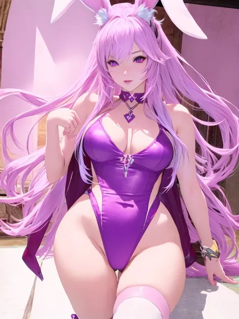 Sexy Rabbit Girl With Pink Ears Purple eyes Wearing a swimsuit with the body of a final fantasy 14 character, beautiful and sexy.