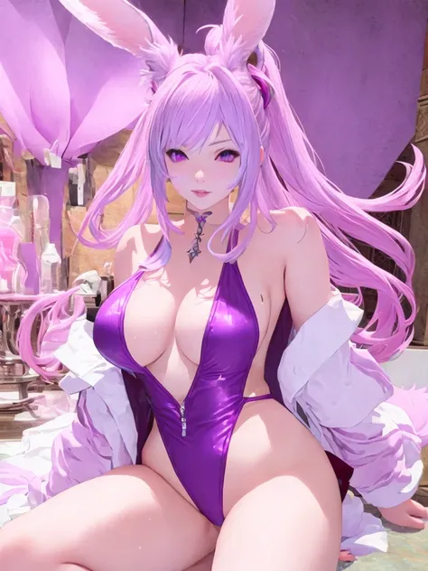 Sexy Rabbit Girl With Pink Ears Purple eyes Wearing a swimsuit with the body of a final fantasy 14 character, beautiful and sexy.