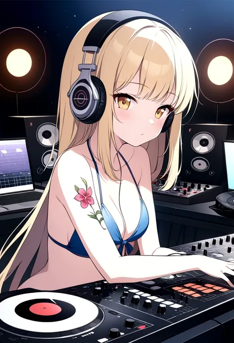 Ultra HD、super high quality、8K、Genuine、Perfect CG animation、The location is a dimly lit DJ booth..、A beautiful Russian woman in a swimsuit is DJing with headphones。Synthesizers and equipment lined up、She is attractive、Has a flower tattoo.cute、Blonde