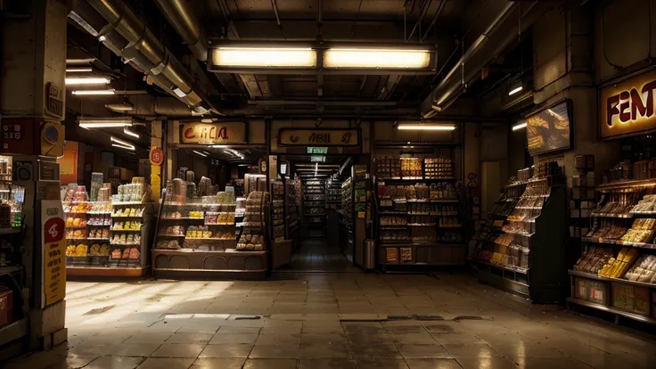 aisles of a convenience store, 7-eleven store, store steampunk, people shopping, Canon, Fujifilm, Wide-Angle, panorama, first-person view, reflection light, ray tracing, 16k, 8k, highres, best quality, award winning, high quality, super detail, high detail...