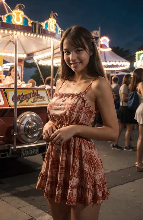 a girl wearing Sundress in a carnival red,looks happy,night time