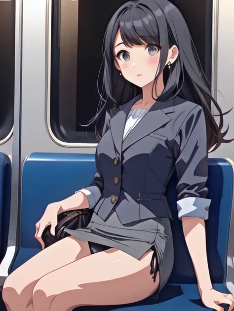 Gray Office Lady Suit、グレーTight mini skirt、Black straight long hair ,sitting in a train seat,  Tuck your hair behind your ears、front、Lace panties, Tight mini skirt, Black Panther Piece, Highest quality、Daytime