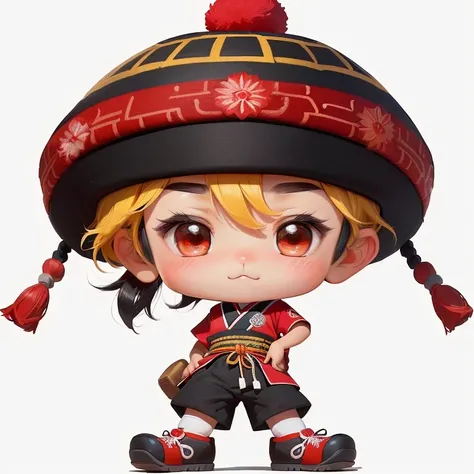 a cartoon boy in a red hat and black shorts, Cute cartoon character, character with hat, Quechua!!, traditional costume, inspired by Jang Seung-eop, cute cartoon, cartoon illustration, cute character, south korean man, Southeast Asian with round face, insp...