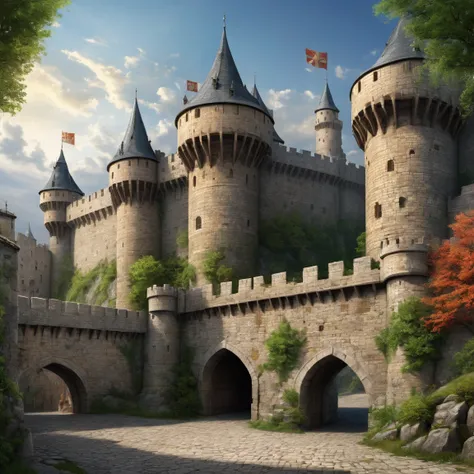 (best quality)), ((masterpiece)), ((realistic,digital art)), (super detailed), (gigantic wall of a fortified city), (medieval fantasy style), front view