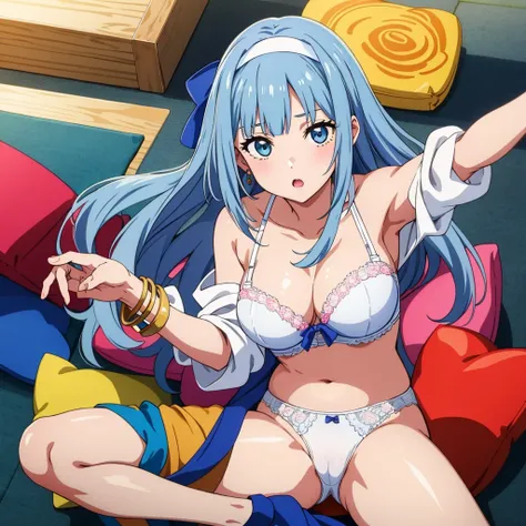 後ろからのアングル、おしりつきあげてる、White panties、White bra、In underwear、masterpiece, highest quality, 8K,Mylene HFV4, Anime Coloring,  One girl,  jewelry, hair band, blue hair band,Very long hair,Pink 