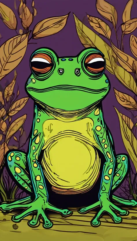 Grumpy Frog, frog drawing, deep colors 