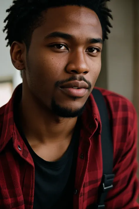 lifestyle photography photo of a black man, anticipate facial expression, red flannel shirt, black cargo pants and combat boots, close up on face, under soft lighting, high angle, shot on a Fujicolor Pro