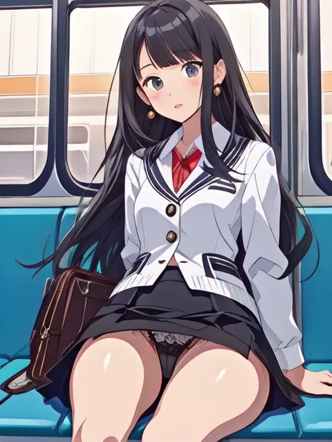 Night Girl、Hostess、suit、Tight mini skirt、Black straight long hair ,sitting in a train seat,  Tuck your hair behind your ears、front、Lace panties, Tight mini skirt, Black Panther Piece, Highest quality、Daytime