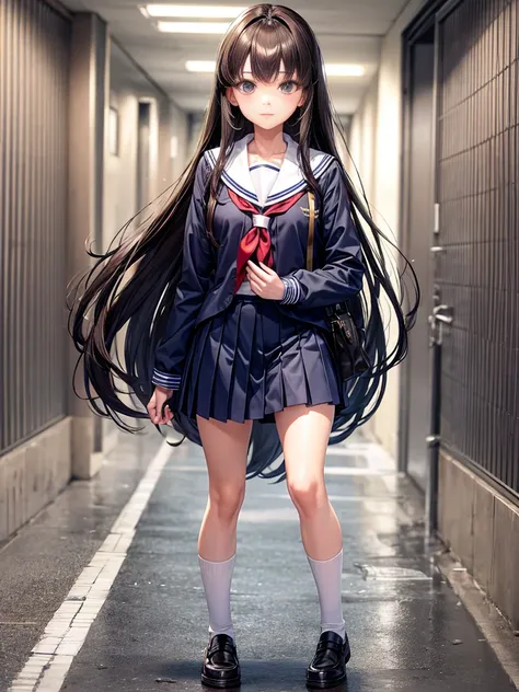 Brunette Girl, long straight hair, Navy Seifuku, school corridor background