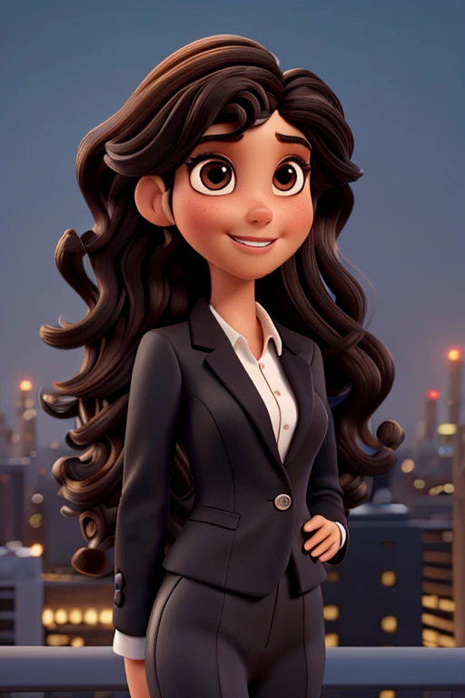 Pixar Style, ,natural portrait,Stunning dark brown eyes,black fur,very long curly hair to the waist,brunette business woman,Formal black suit,pretty face,delicate features,lovely smile,safe posture,illuminated by the soft light of day,City skyline backgrou...