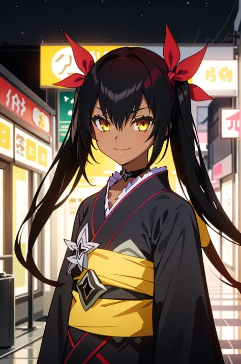 best quality, masterpiece, portrait, 1girl, aster nemesis, dark-skinned female, black hair, very long hair, yellow eyes, flat chest	kimono, obi, ribbon, twin tails, looking at viewer, outdoors, city, night, smile, 
