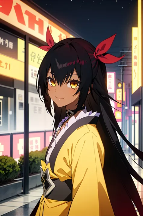 best quality, masterpiece, portrait, 1girl, aster nemesis, dark-skinned female, black hair, very long hair, yellow eyes, flat chest	kimono, obi, ribbon, twin tails, looking at viewer, outdoors, city, night, smile, 
