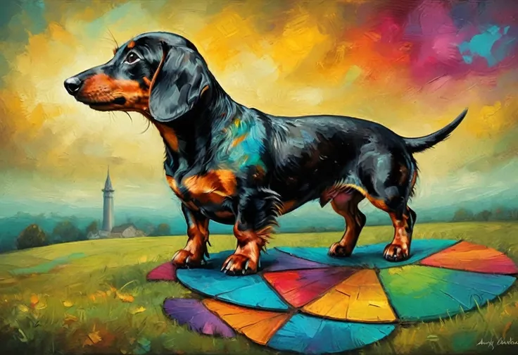 [top view] funny flyer Dachshund  stimpunk ( stile by Andy-Kehoe), very colorful, ((oil painting palette knife)), ((masterpiece)), extreme detail, perspective, 8k