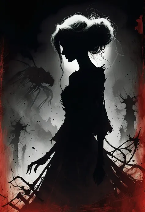 Ashley Wood style, dark scarlet background, Chemiluminescence. Silhouette of a beautiful woman. Drama, evil rock, retro romanticism. (minimalism: 1), ray tracing details...Stephen Gammell style - Iai in Stephen Gammell style
