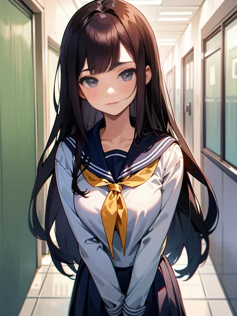 Brunette Girl, long straight hair, Navy Seifuku, school corridor background, slanted nose, innocent fac