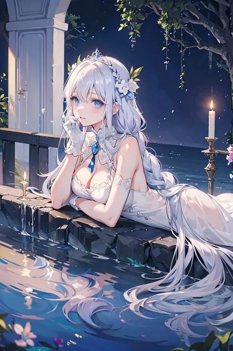 White hair and blue eyes、adult、Long, fluffy wavy hair、Braiding、Wearing hair ornaments、Princess、White gloves、Wearing a lace dress、Lying in the water、Fantasy