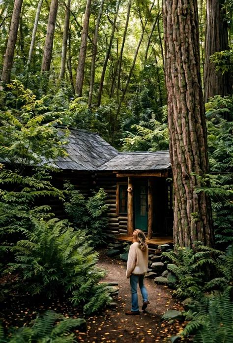 a young extremely beautiful 22 year old white woman with brown hair and extremely beautiful blue eyes,living in a rustic cabin i...