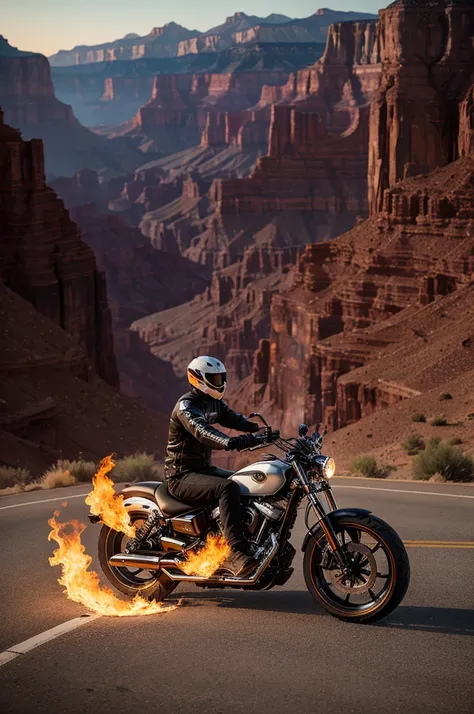 Ghost biker riding a motorcycle in the middle of the gran canyon with fire wheels. in high definition.  best qualityer. long exposure photo 