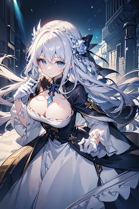 White hair and blue eyes、adult、Long, fluffy wavy hair、Braiding、Wearing hair ornaments、Princess、White gloves、Wearing a lace dress、Fantasy