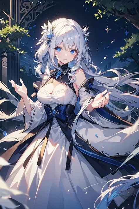 White hair and blue eyes、adult、Long, fluffy wavy hair、Braiding、Wearing hair ornaments、Princess、White gloves、Wearing a lace dress、Fantasy