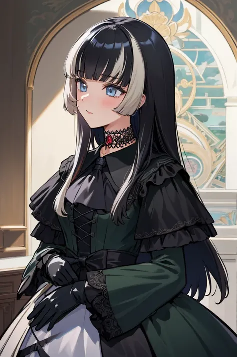 ultra detailed, sharp focus, best quality, masterpiece, RadenBase, choker, black dress, frills, long sleeves, black gloves, museum background, masterpiece, intricate details