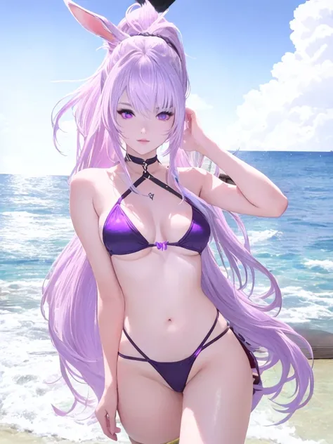 Sexy Rabbit Girl With Pink Ears Purple eyes Wearing a swimsuit with the body of a final fantasy 14 character, beautiful and sexy on a paradisic beach with a little ponytail and a strand of hair in her hair and white highlights, smaller eyes and also with b...