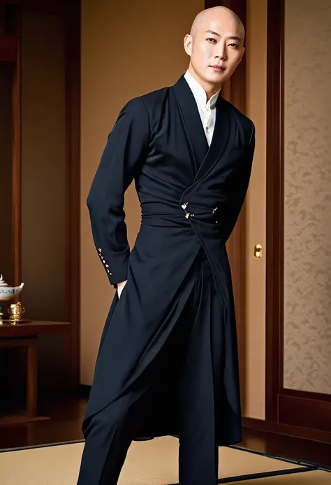 half body picture of a bald japanese model man, wearing an elegant western dress, pants, in an elegant room