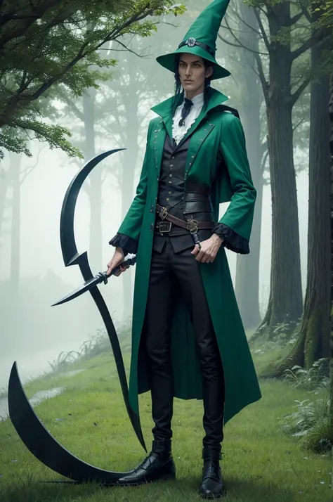 Tall man wearing a green witch outfit and holding a large blue scythe