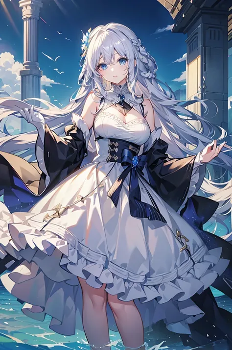 white hair and blue eyes、adult、long, fluffy wavy hair、braiding、wearing hair ornaments、princess、white gloves、wearing a lace dress...