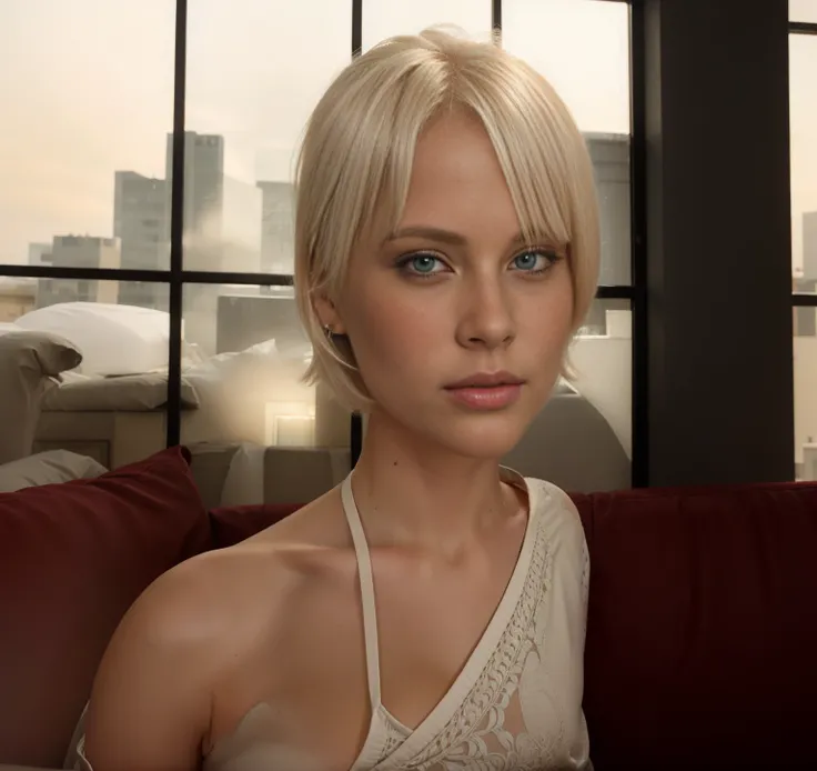 blond woman with white hair and blue eyes sitting on a couch, glamor profile pose, sultry expression